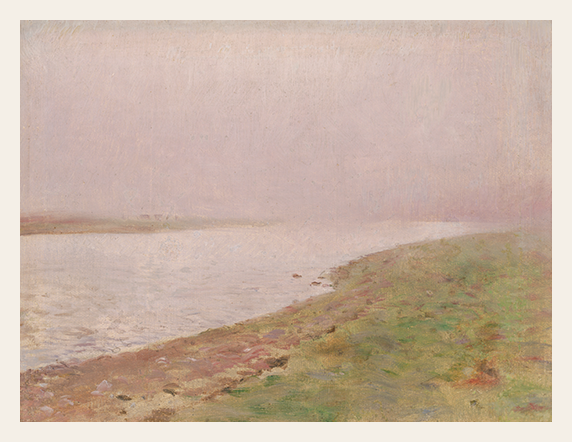 Painting of a coastal landscape with a pinkish sky and a body of water.