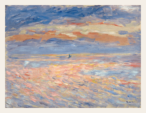 Painting of a sunset over water with a small boat, featuring soft pastel colors.