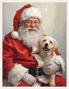 Santa Claus with a dog on a light gray background