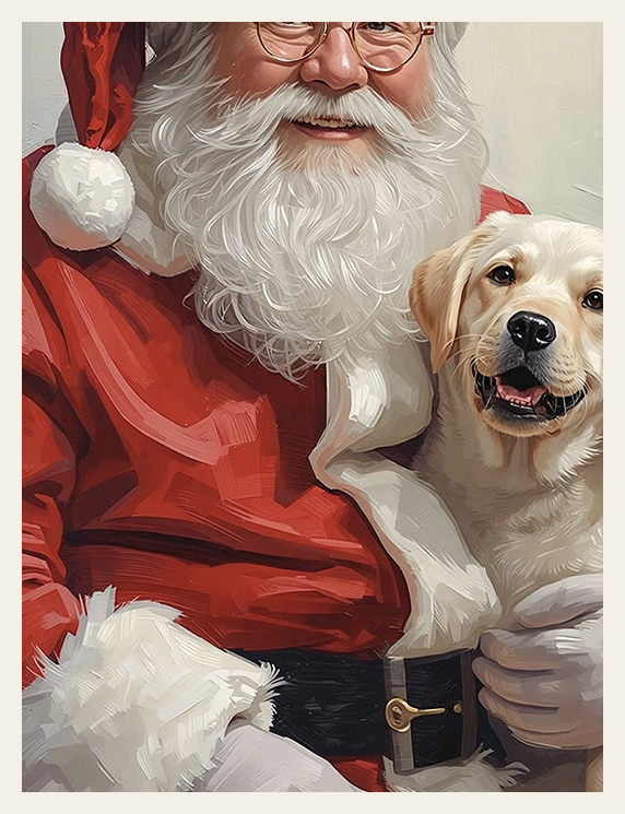 Illustration of Santa Claus holding a golden retriever
