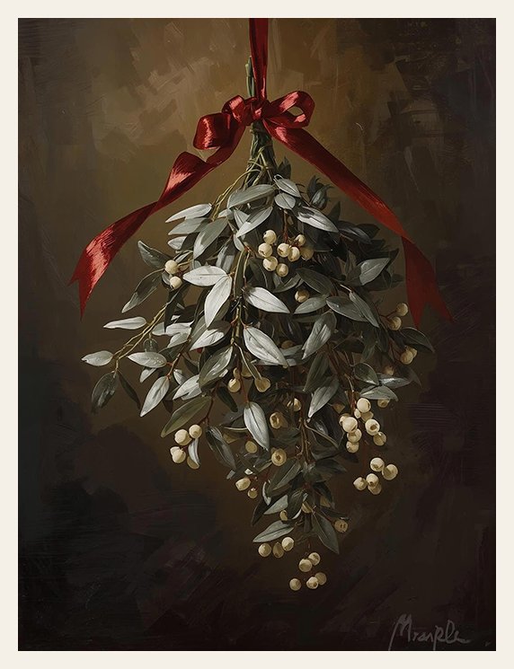 Mistletoe with red ribbon on a dark background