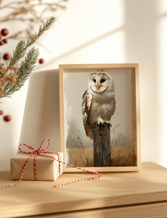 Framed picture of an owl on a wooden surface with a gift box and decorative branches.