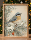 Framed artwork of a bird on a branch with a Christmas tree in the background