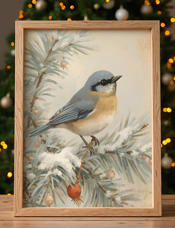 Framed artwork of a bird on a branch with a Christmas tree in the background