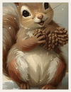 Illustration of a squirrel holding a pine cone with a soft, light background