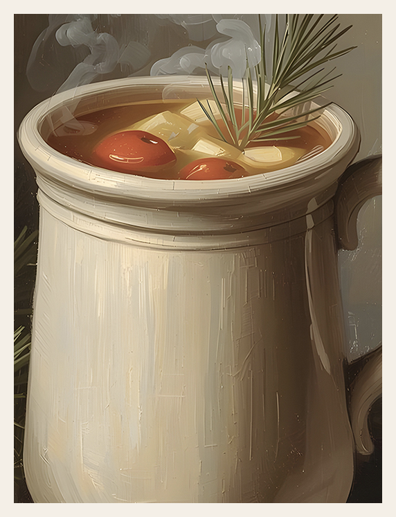 Steaming bowl of soup with vegetables and a leaf, set against a dark background