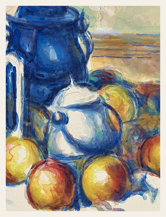 Still life painting with a blue pitcher and fruits on a textured surface