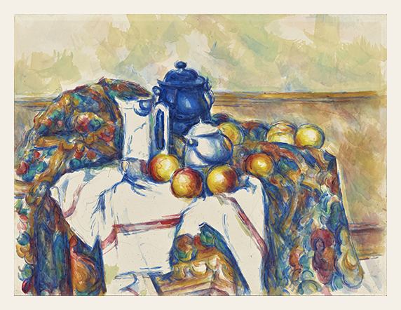 Still life painting with fruits and a teapot on a tablecloth.