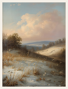 Landscape painting of a snowy field with trees and mountains in the background