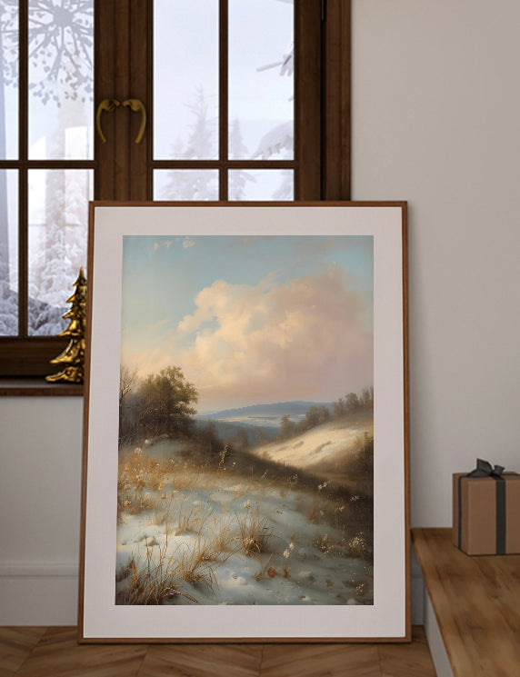 Framed landscape painting on a wall with a window in the background