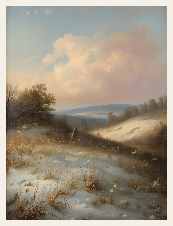 Landscape painting of a snowy field with trees and mountains in the background