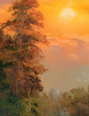Painting of a landscape with trees and a sunset.
