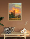 Framed landscape painting on a wall above a wooden bench with decorative pillows and vases.
