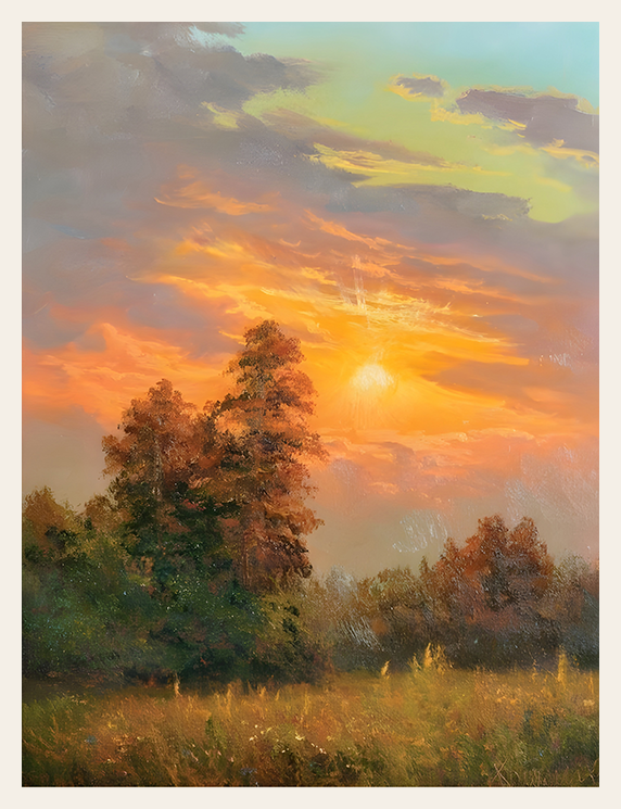 Sunset over a field with trees