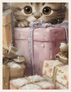 Cat peeking out from behind a wrapped gift with other presents in the background