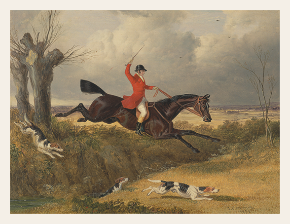Painting of a huntsman on horseback with hounds in a landscape