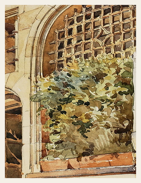 Artistic depiction of a garden scene with a lattice and plants.