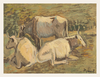 Painting of three cows in a pastoral setting with trees and grass.