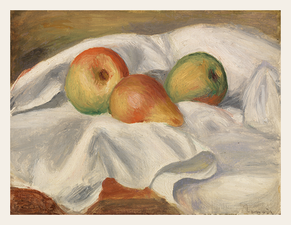 Still life painting of apples and a pear on a white cloth with a brown background