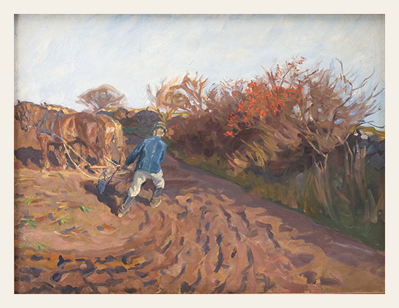 Painting of a farmer with plow and cart on a rural path
