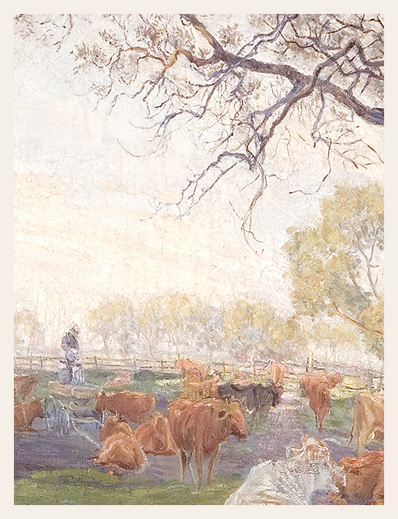 Painting of cows in a field with a person and trees in the background
