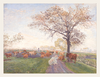 Painting of cows in a field with a large tree and a person walking on a path.