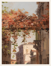 Painting of a street scene with autumn foliage and buildings