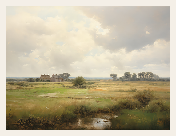 Landscape painting of a rural scene with fields, trees, and a house under a cloudy sky.