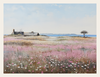 Painting of a rural landscape with a house, tree, and field of flowers.
