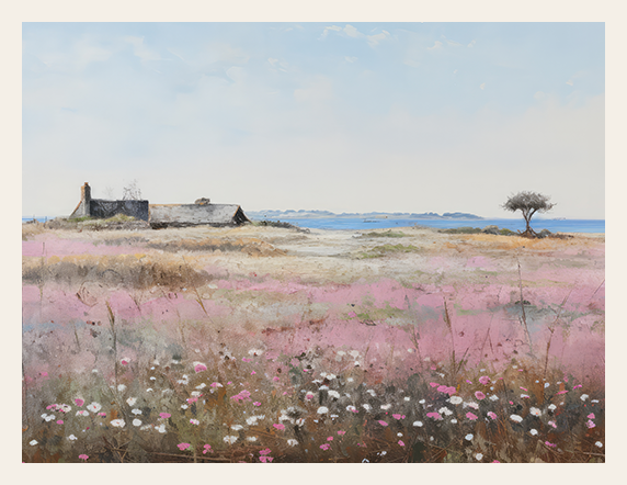 Painting of a rural landscape with a house, tree, and field of flowers.