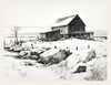 Pencil drawing of a small wooden cabin on stilts surrounded by rocks and grass in a snowy landscape.