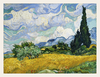 Famous painting of a landscape with wheat field, cypress trees, and swirling clouds.