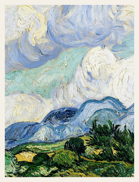 Painting of a landscape with swirling clouds and green fields