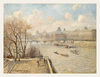 Painting of a river scene with boats and a cityscape in the background