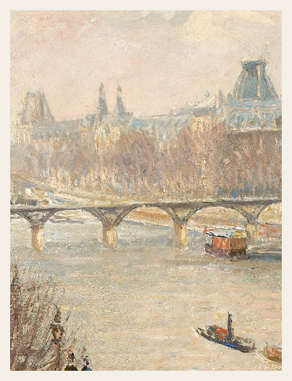 Painting of a cityscape with a bridge and boats on a river