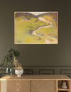 Artistic depiction of a winding path through a landscape on a wall above a wooden console table.