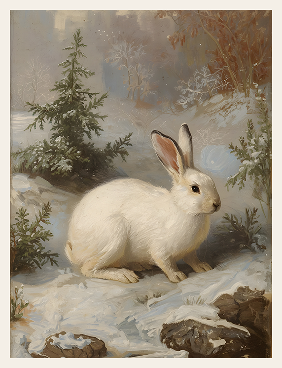 White rabbit in a snowy landscape with trees and rocks